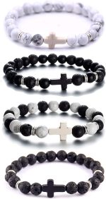 Softones 4PCS Cross Beads Bracelet for Men Women 8mm Healing Lava Stone Stretch Bracelets,7.5"